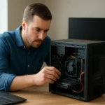 Férfi barebone számítógép építése irodai környezetben.