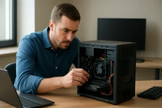 Férfi barebone számítógép építése irodai környezetben.