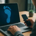 Digitális lábnyom és online biztonság elemzése okostelefonnal és laptopon.