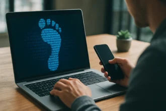 Digitális lábnyom és online biztonság elemzése okostelefonnal és laptopon.