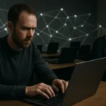 Férfi számítógépen dolgozik, botnet hálózat háttérrel