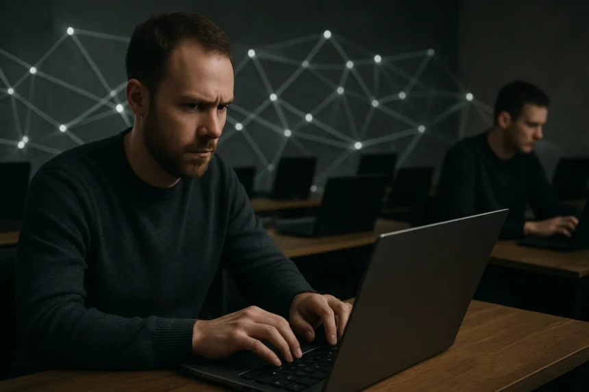 Férfi számítógépen dolgozik, botnet hálózat háttérrel