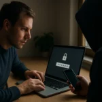 A férfi a laptopján jelszavakat használ, miközben egy árnyékos alak figyeli.