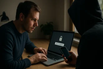 A férfi a laptopján jelszavakat használ, miközben egy árnyékos alak figyeli.