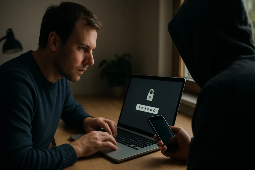 A férfi a laptopján jelszavakat használ, miközben egy árnyékos alak figyeli.