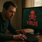 Férfi, aki számítógépén vírus figyelmeztetést néz