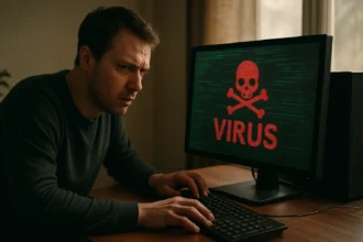 Férfi, aki számítógépén vírus figyelmeztetést néz