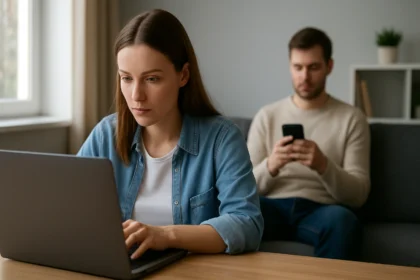 Egy nő aktívan használja a laptopját, míg egy férfi a telefonján böngészik.