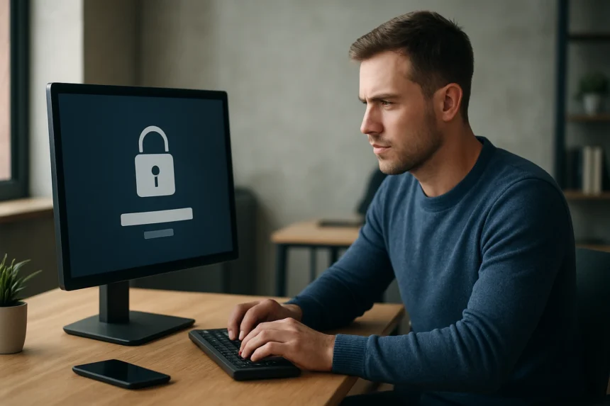 Felhasználó bejelentkezés közben a számítógép monitorján zárolt ikon látható.