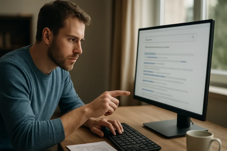 Férfi, aki a számítógép képernyőjén végzett keresést figyeli.