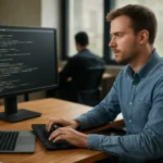 Programozó fordítóprogram használat közben számítógépen.