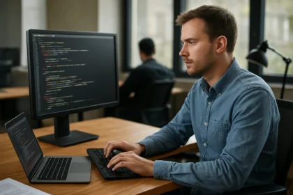 Programozó fordítóprogram használat közben számítógépen.