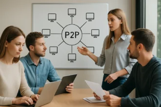 P2P hálózat bemutatása egy értekezleten, decentralizált erőforrás-megosztás