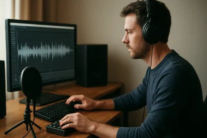 Férfi digitális hangrögzítést végez számítógépen fejhallgatóval.