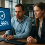 Két szakember, akik a 99,999%-os rendelkezésre állásra figyelnek egy számítógépen.