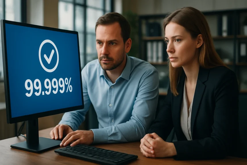 Két szakember, akik a 99,999%-os rendelkezésre állásra figyelnek egy számítógépen.