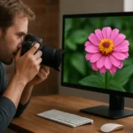 Férfi fényképezőgéppel készít felvételt egy képernyőn látható virágról.