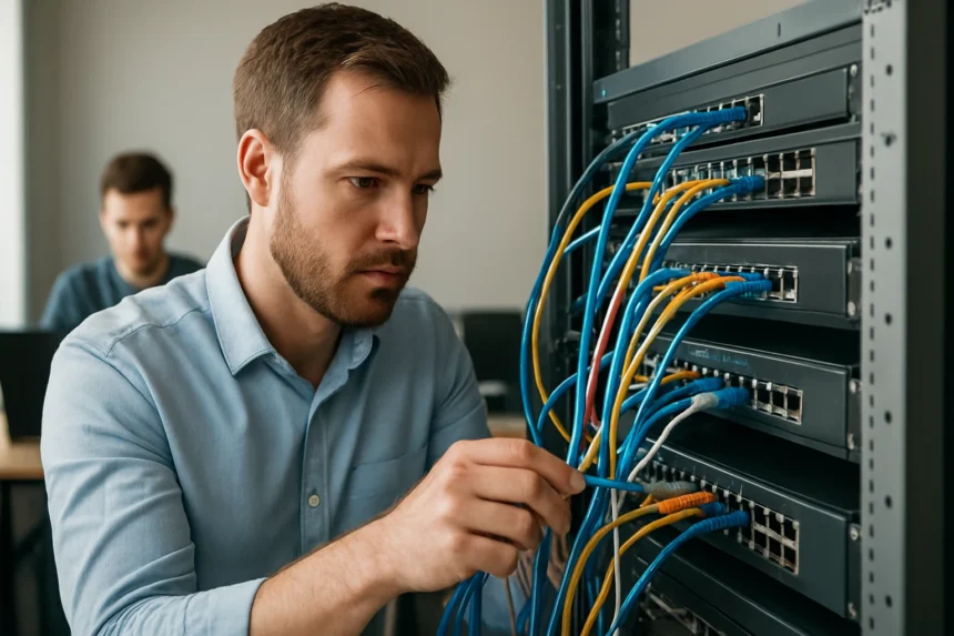 Hálózati szakember Ethernet kapcsolók szerelése