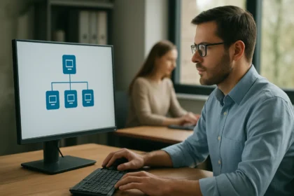 Férfi a számítógép előtt, Active Directory diagramot néz