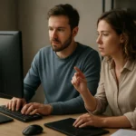 Két ember számítógép előtt, mikrokernel működését elemzik.