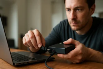 Egy férfi eSATA csatlakozót köt össze egy külső merevlemezzel laptopon.