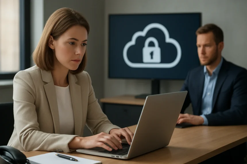 Felhőalapú tűzfal megoldásokat használó szakemberek munkahelyi környezetben.
