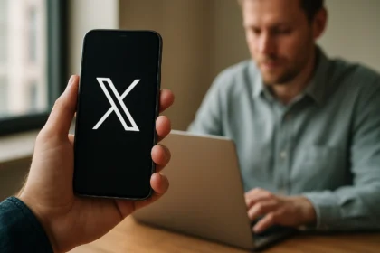 A telefon képernyőjén az új X logó, középen egy férfi dolgozik a laptopján.
