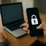 Mobiltelefonon látható zárolt ikonnal, háttérben laptop.