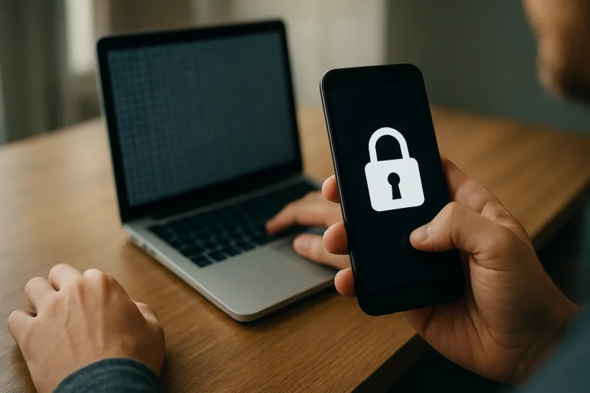 Mobiltelefonon látható zárolt ikonnal, háttérben laptop.