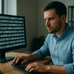 Férfi programozó, aki bitkódot lát a számítógépén.