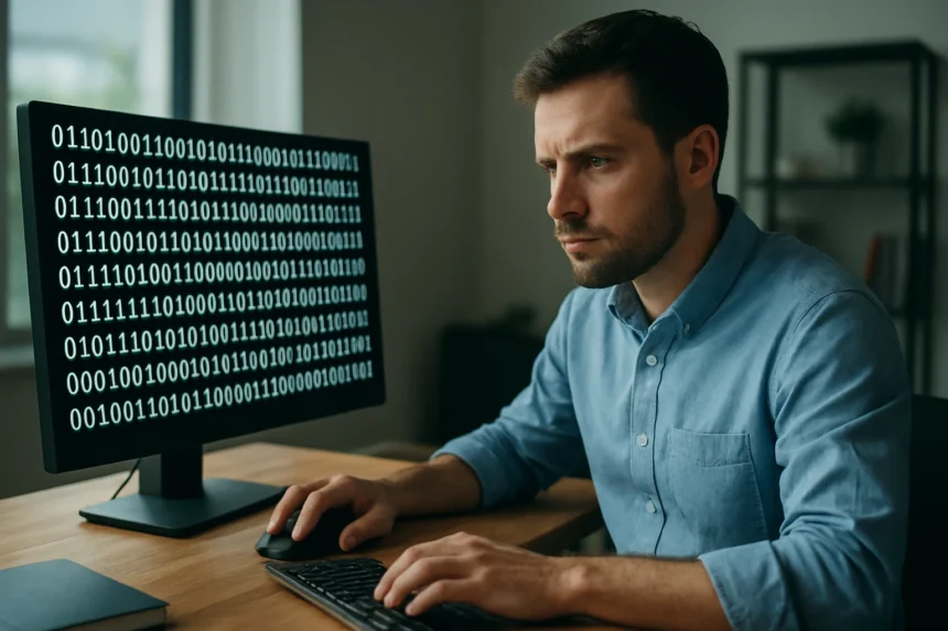 Férfi programozó, aki bitkódot lát a számítógépén.