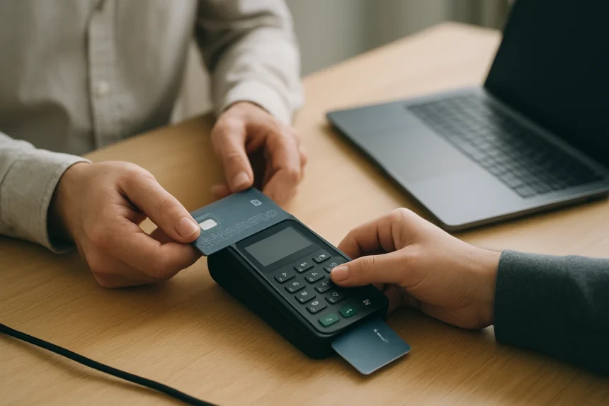 Kártyaolvasó használata bankkártyával informatikai környezetben.