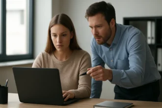 Két programozó dolgozik együtt egy absztrakt osztály koncepcióján laptopon.