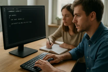 Két programozó C nyelven kódol, egyik jegyzetel.