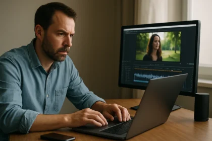 Férfi videóvágás közben, laptop előtt, képernyőn videóval.