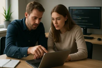 Két fejlesztő közösen programozik laptopon, agilis módszertan szerint.