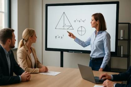 Egy nő interaktív táblán bemutat matematikai példákat üzleti megbeszélésen.