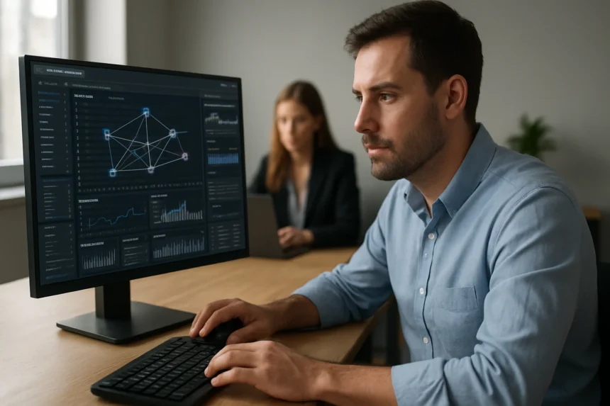 Hálózatfigyelés IT szakember képernyőn elemző adatokkal.