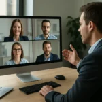 Telekonferencia egy modern irodában, több résztvevő videóhívásán.