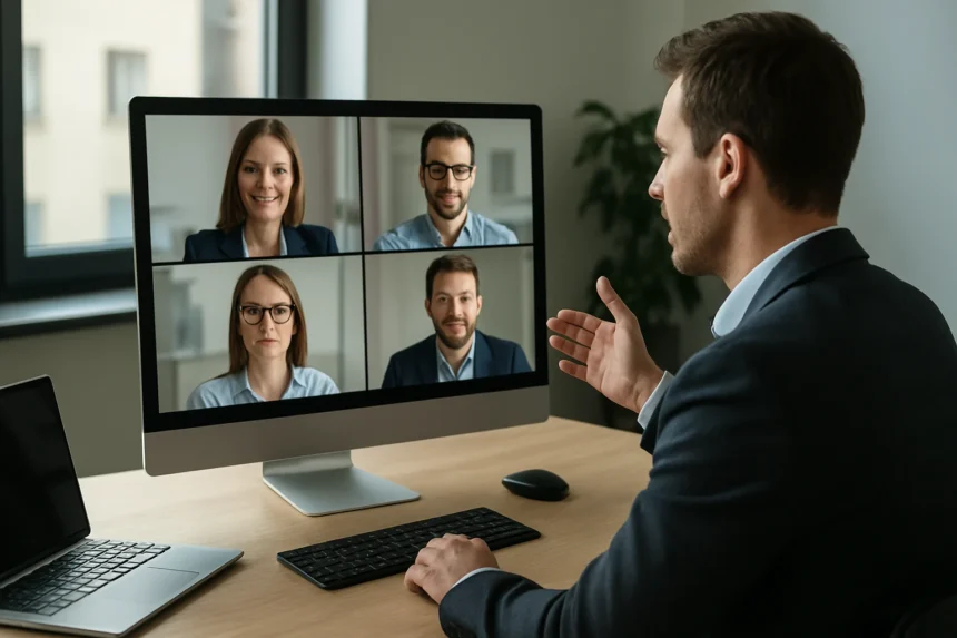 Telekonferencia egy modern irodában, több résztvevő videóhívásán.