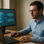 Férfi logikai kötetkezelést végez számítógép előtt