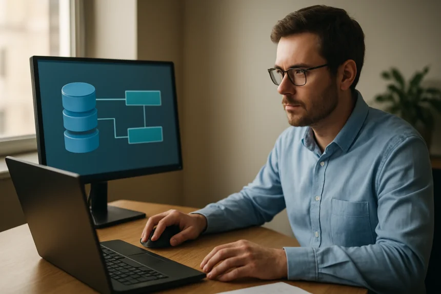 Férfi logikai kötetkezelést végez számítógép előtt