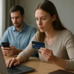 Nő online vásárlás közben, bankkártyával és laptoppal.