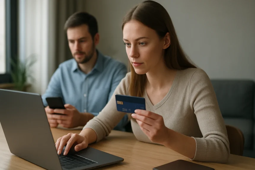 Nő online vásárlás közben, bankkártyával és laptoppal.
