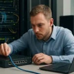 Férfi dolgozik egy edge routerrel és laptopjával egy szerverhelyiségben.