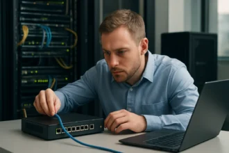 Férfi dolgozik egy edge routerrel és laptopjával egy szerverhelyiségben.