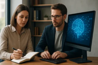 Két ember konferál egy neuro-szimbolikus mesterséges intelligenciával kapcsolatos projektről.