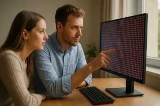 Két ember, aki egy kijelző felbontását nézi, a technológiai részletek megértése érdekében.