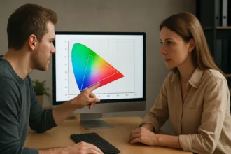 Két szakember színtérrel kapcsolatos információt vitat meg a számítógép előtt.