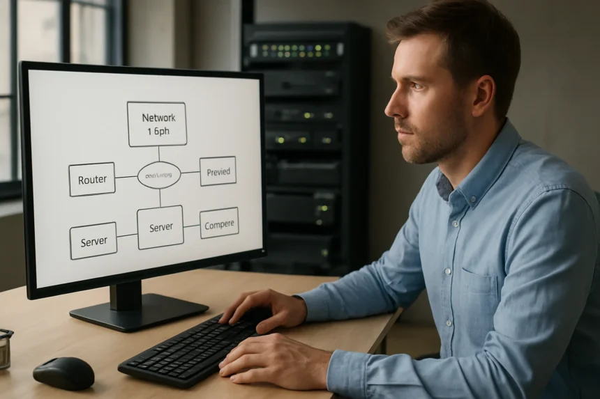 Férfi számítógép előtt, hálózati diagramot néz